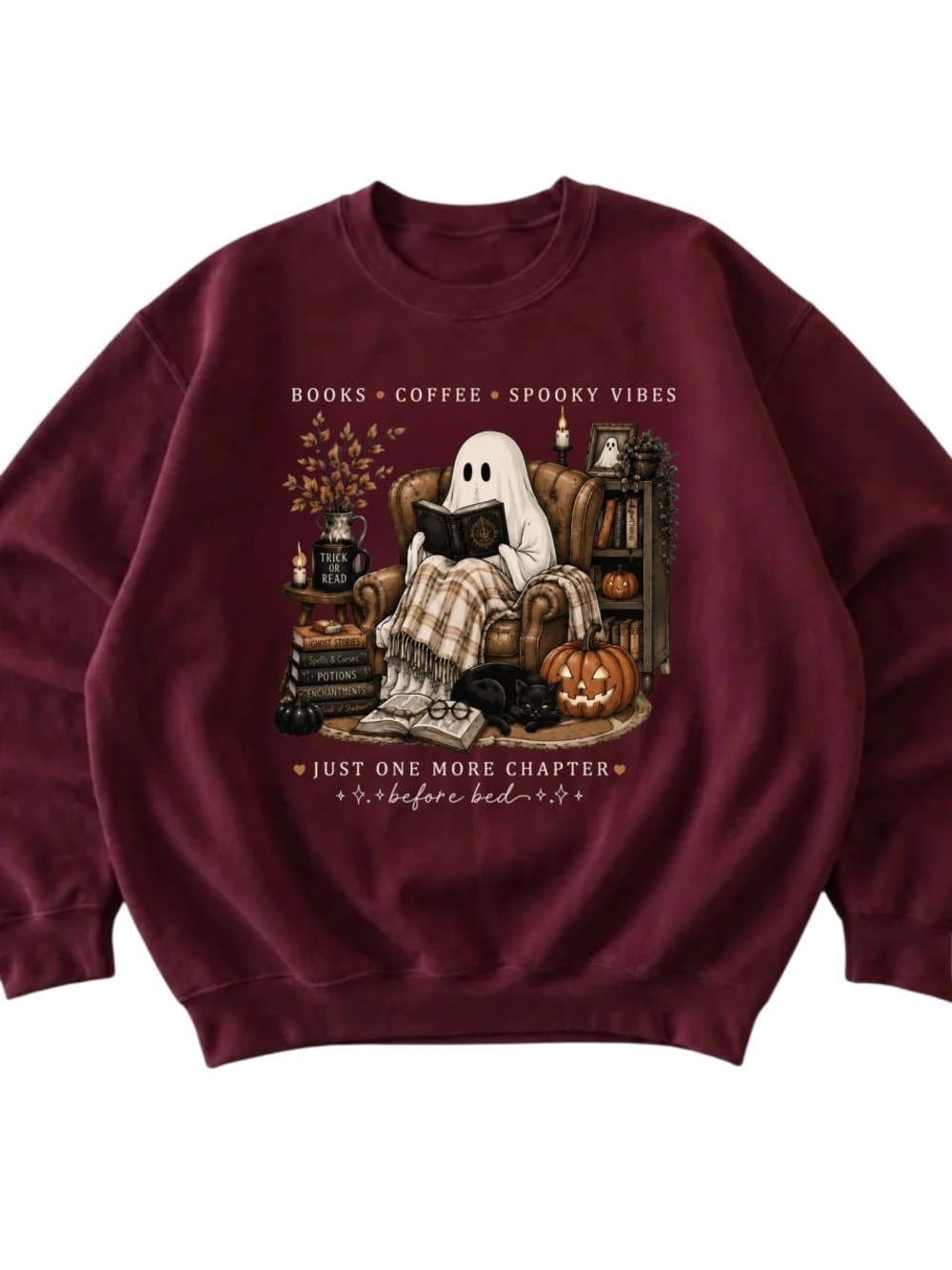 Maroon Books, Coffee, Spooky Vibes Graphic Sweatshirt